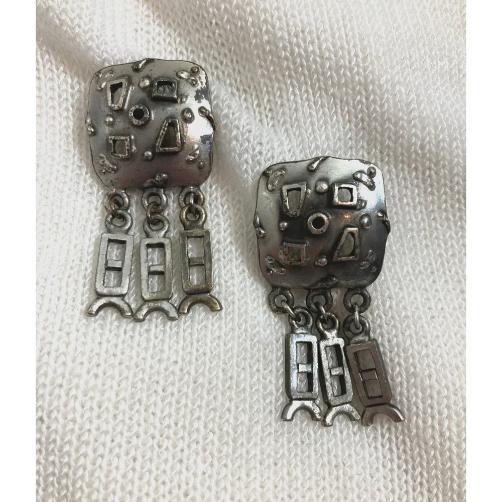 Vintage Modernist Pewter Clip On Earrings‎ Artsy Brutalist Statement Artisan